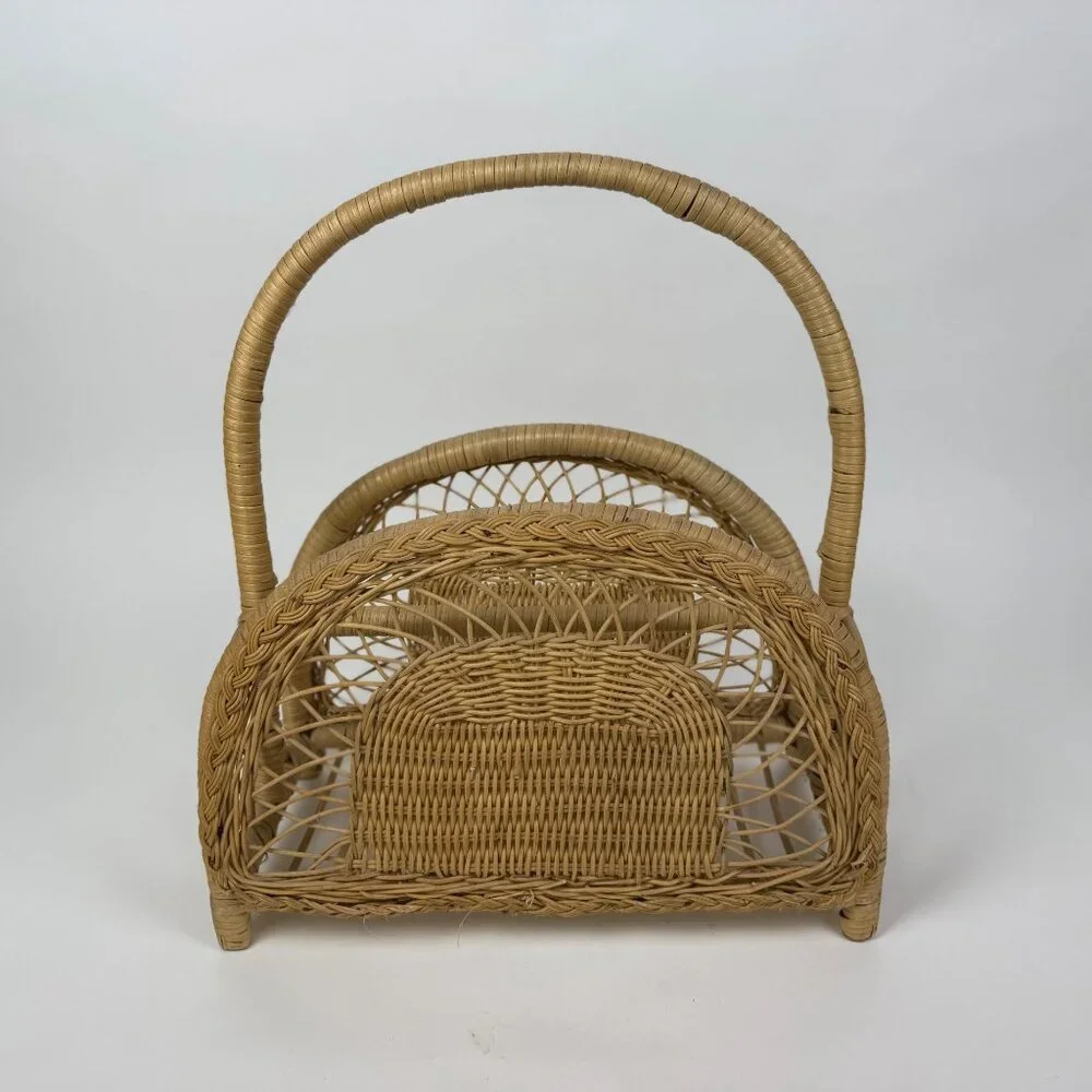 Natural Woven Wicker Rattan Boho Magazine Rack Holder Storage